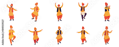 Punjabi Bhangra Dancers Performing Traditional Indian Folk Dance Flat Vector