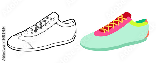 Neon running shoe flat plus line set. Trend sport footwear for gym, city run capsule activewear wardrobe. Technical fashion illustration, CAD mockup mixed vector woman men unisex isolated sporty style