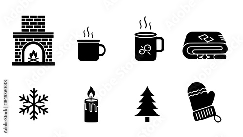Cozy winter essentials and holiday season graphic icon set for warmth and festive cheer