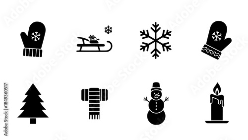 Winter Holiday Icons Snowman, Sled, Tree, Snowflake, Mittens, and Candle