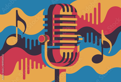 Stylized Microphone Icon with Geometric Background in Monochrome Aesthetic