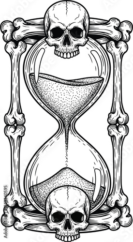 Macabre hourglass with human skulls and a bone frame detailed black and white ink illustration.
