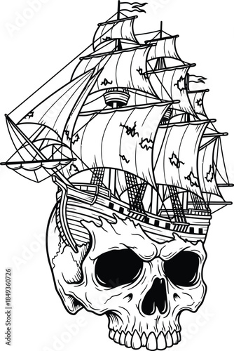 Menacing human skull with a detailed tatteredsail ghost ship emerging from its cranium.
