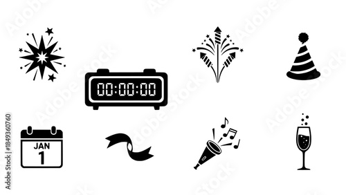New Year's Eve celebration icons countdown, fireworks, party hat, and champagne toast