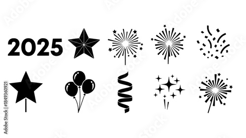 New Year Celebration 2025 Stars, Balloons, Fireworks, and Confetti Icons Set