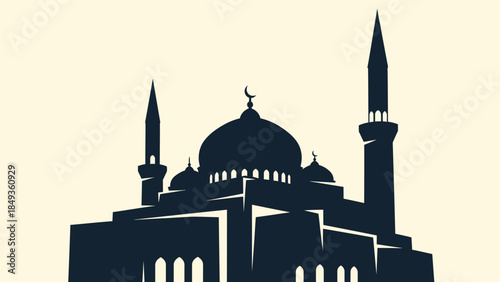 A serene illustration of a mosque at dusk with minarets and domes standing tall