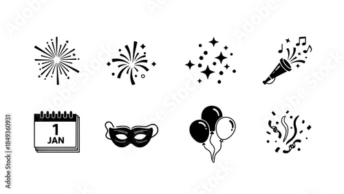 New Year Celebration Icons Party Balloons, Fireworks, Confetti, Mask & Calendar