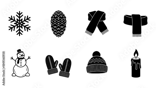 Winter Icons Collection Snowflakes, Pinecones, Scarves, Snowman, Mittens, Hat, Candle