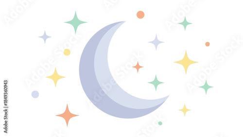 A serene nighttime scene features a large crescent moon surrounded by colorful stars and planets in the sky  