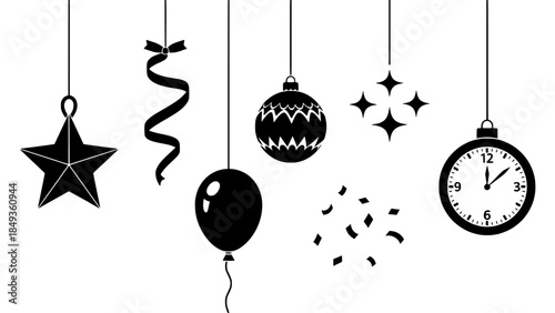 Elegant black white celebration icons hanging decorations, confetti, and New Year's countdown symbols