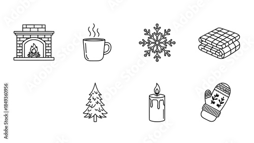 Inviting collection of cozy winter comfort icons fireplace, steaming mug, warm blankets, and festive elements