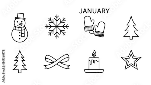 Winter holiday icons including snowman, snowflake, mittens, Christmas tree, bow, candle, and star
