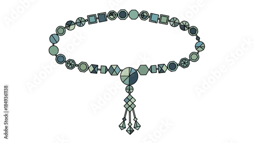An ornate necklace featuring various blue-green gemstones and geometric shapes, illustrated on a neutral background, viewed from the front.