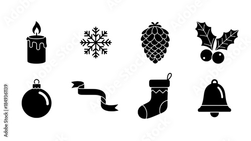 Set of Christmas Icons Candle, Snowflake, Pinecone, Holly, Bauble, Ribbon, Stocking, Bell