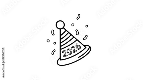 Minimalist celebration party hat icon with year 2026, ideal for New Year and event designs