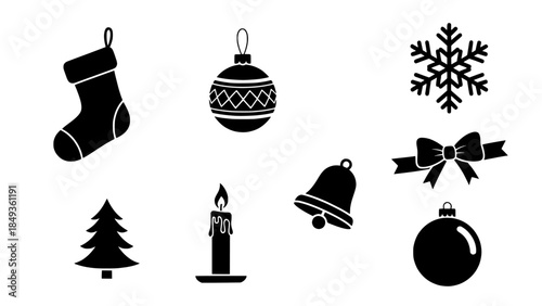 Christmas Icons Stocking, Bauble, Snowflak, Tree, Candle, Bell, Bow and Ornament