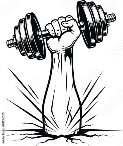 Powerful muscular arm and hand in a bold graphic style gripping and lifting a heavy metal dumbbell.