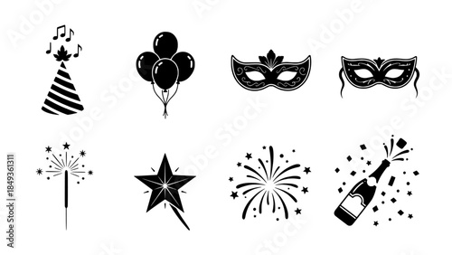 Dynamic collection of festive celebration vector icons for parties, masquerades and joyful events