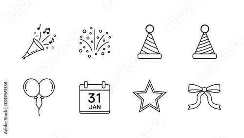Assortment of festive celebration and New Year party line icons, perfect for joyful events