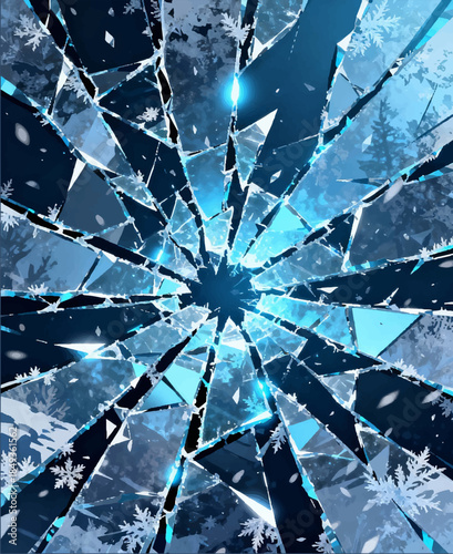 An ice crack is a brittle network of cracks with sharp fragments and a cold blue glow, the effect of sudden ice breaking. Suitable for dramatic scenes, winter movie promos.Vector. EPS.