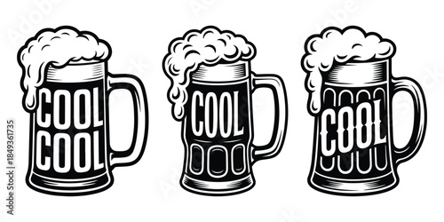 Vintage beer mugs with overflowing foam and a cool text design, Beer mug is filled to the brim with frothy beer foam, Beer mugs featuring the word COOL in various bold, decorative fonts