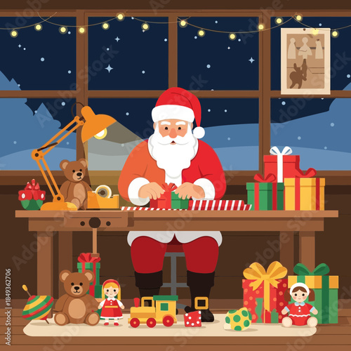 Festive Christmas scene with Santa Claus, presents, teddy bears, and holiday decorations in a cozy