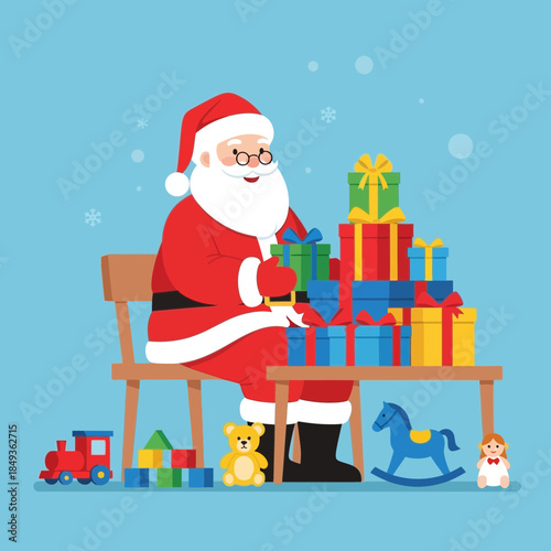Festive Santa Claus Celebrating Christmas with Gifts and Toys in a Cheerful Scene