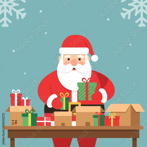 Festive Santa Claus cheerfully packing colorful Christmas gifts for children during holiday season