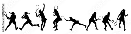 Set of women tennis players silhouette on white background. Vector illustration women tennis player