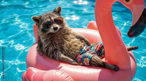 Funny Raccoon in Sunglasses Relaxing on a Flamingo Pool Float