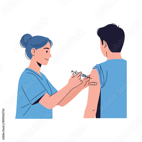 A female nurse in blue scrubs administers a vaccine injection to a male patient's arm, with a bandage visible.