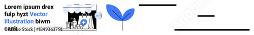 Healthcare access, environmental sustainability, medical services, eco-conscious designs, pharmacy shops, digital health. Medical storefront and blue leaf symbol. Healthcare access and sustainability