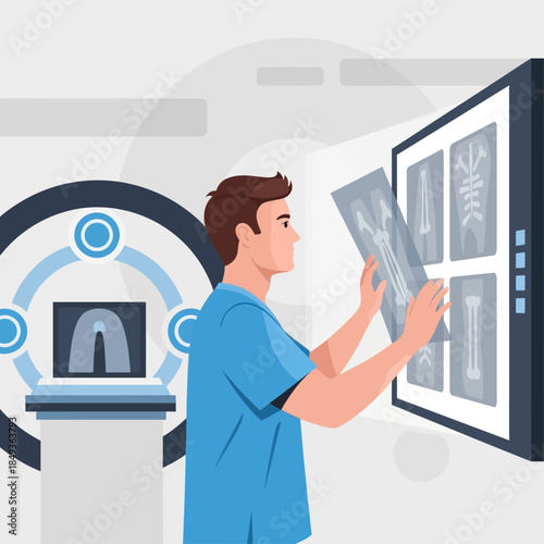 A male radiologist in blue scrubs examines multiple X-ray scans on a large digital display, with an MRI or CT scanner visible in the background, illustrating modern medical diagnostics.