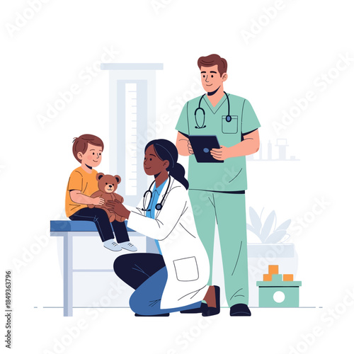 Pediatrician examining a young boy with a teddy bear, assisted by a male medical professional in a clinic setting.