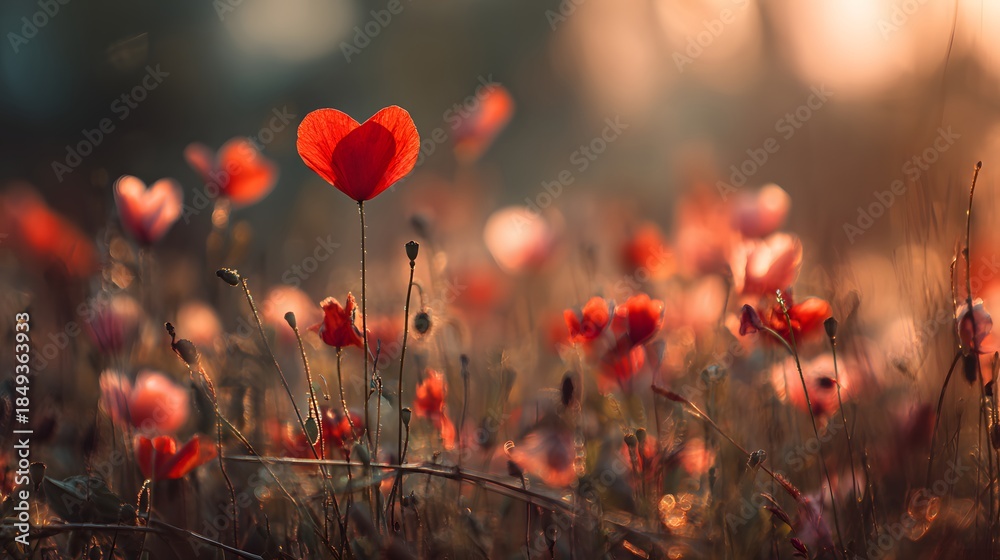 Obraz premium A field of vibrant red poppies in the golden light of dawn.