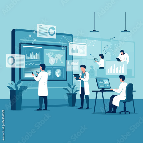 Medical professionals analyzing healthcare data on large digital screens in a modern, technology-driven environment.