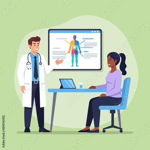 A male doctor in a white coat explains a human body diagram on a large screen to a female patient during a medical consultation in an office.