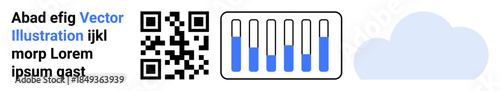 QR code, progress bar partially filled, and cloud icon. Ideal for technology, connectivity, data storage, scanning, progress tracking, cloud computing and simple landing page