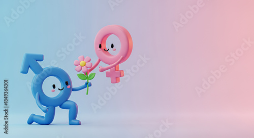 Cute 3D gender symbols exchanging a flower for Valentine's Day, with space for text.  