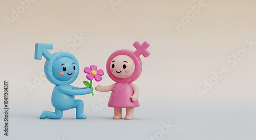 Cute 3D male and female gender symbols exchanging a flower on pastel background  