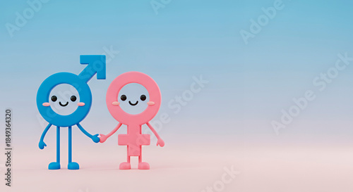Cute 3D male and female gender symbols holding hands with space for text  