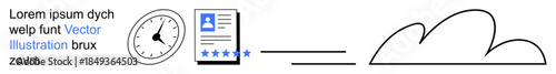 Time tracking, digital identity, cloud storage, online reviews, rating systems, data transfer. Clock, document with stars and cloud graphic connected. Time tracking and digital identity concepts