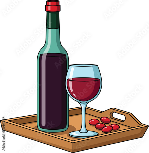 Vibrant Cartoon Illustration of a Red Wine Bottle and Glass with Grapes on a Wooden Tray.