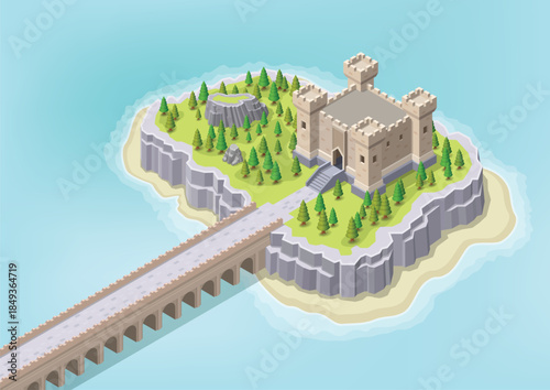 Isometric castle on an island with trees and old bridge access.