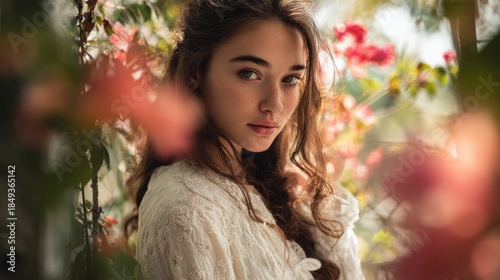 Portrait of a young woman surrounded by flowers, creating a serene atmosphere