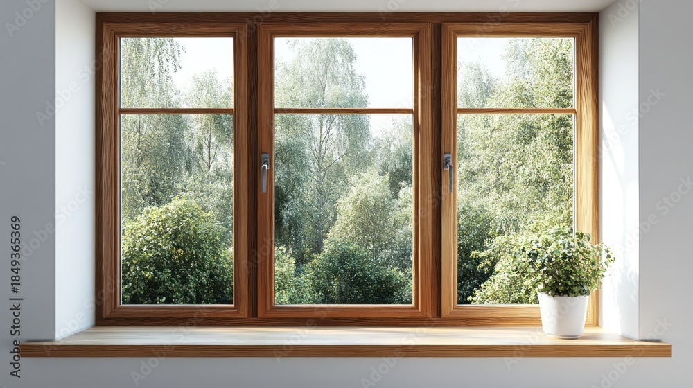 Fototapeta premium Sunny window view, trees outside, indoor plant, home decor, real estate