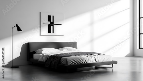 Serene minimalist bedroom interior design showcasing modern comfort and aesthetic appeal, illuminated by strong natural light creating striking shadows