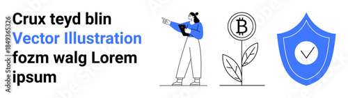 Young woman with tablet pointing forward, Bitcoin plant symbolizing growth, shield for security. Ideal for finance, cryptocurrency, investment, security, fintech, digital economy simple landing page