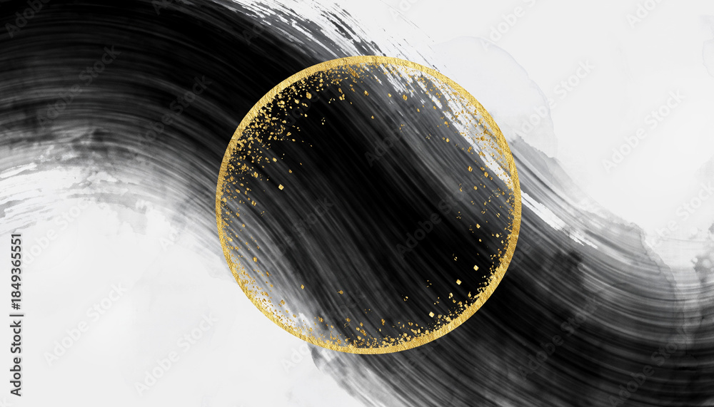 Obraz premium 円相に金墨を添えた和モダン白黒墨絵背景