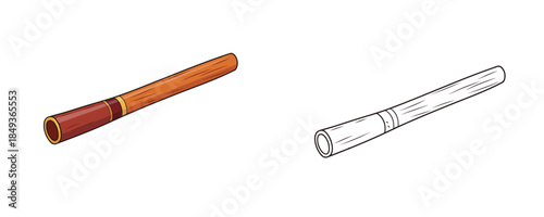 Colored and black and white outline vector illustrations of wooden didgeridoo in isometric style in brown and red colors used for music icons and educational kits